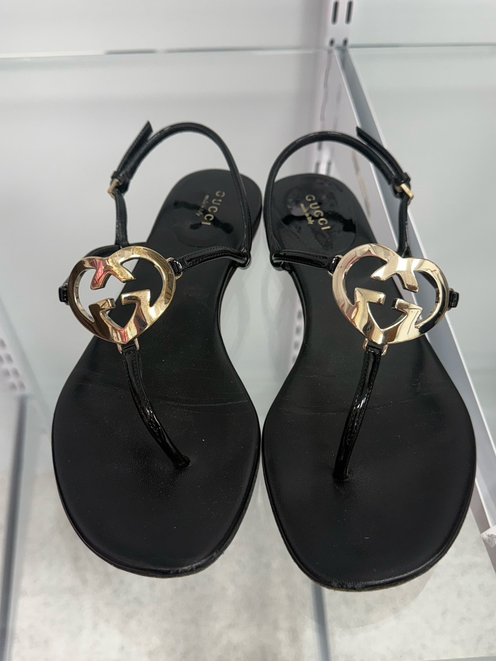 Gucci Black Patent Leather Sandals with Gold GG Heart